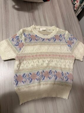 Cream Floral Knit Short Sleeve Sweater